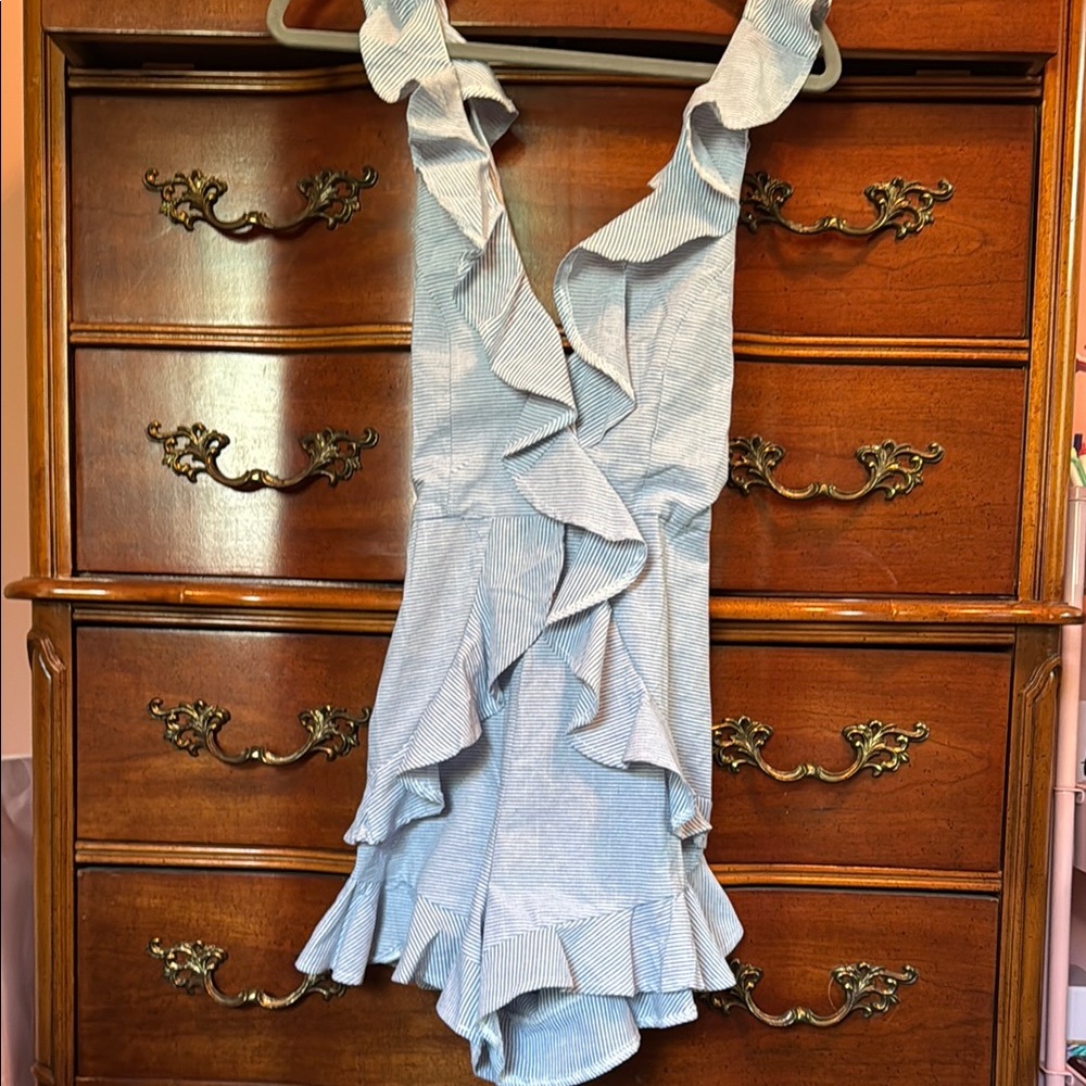 Blue searsucker  Ruffled Women's Romper